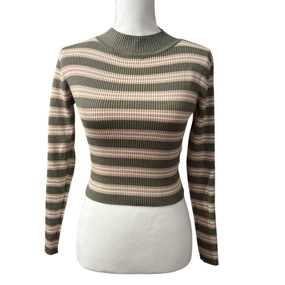 Striped Olive & Beige Ribbed Knit Long Sleeve Cropped Sweater Womans Juniors M - Picture 1 of 11